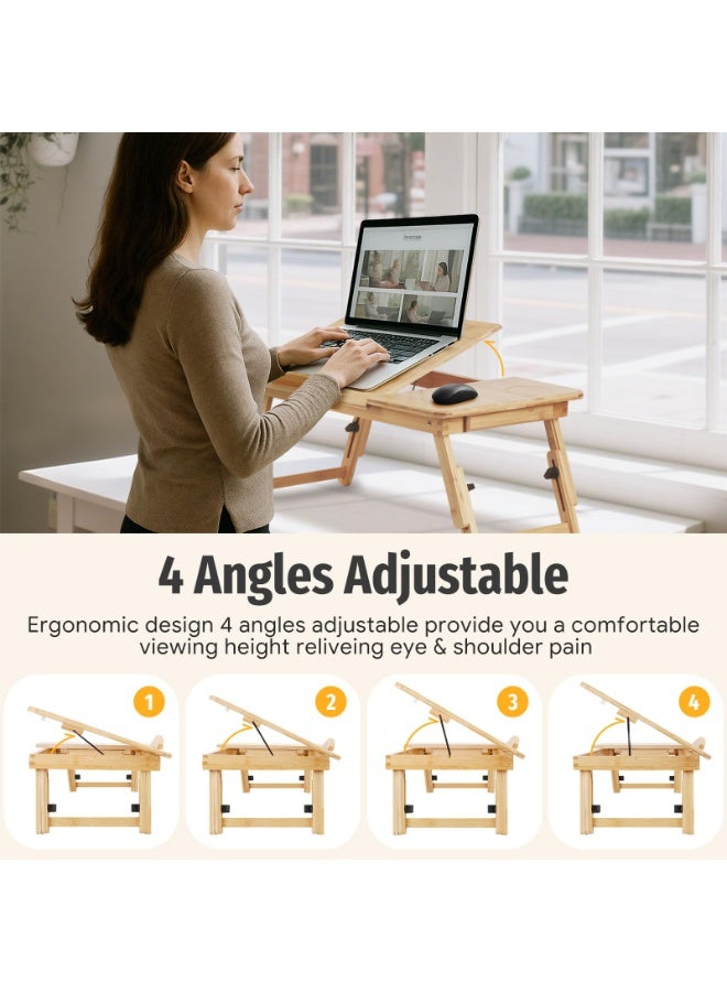 CHIYLE Laptop Desk Table Adjustable 100% Bamboo Foldable Breakfast Serving Bed Tray w' Tilting Top Drawer - Image 2